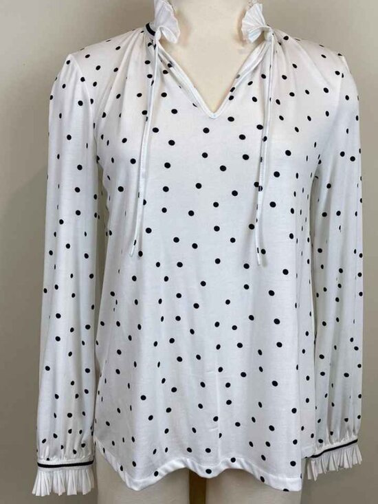 Tops - White Black Polka Dot Ruffle Long Sleeve Blouse